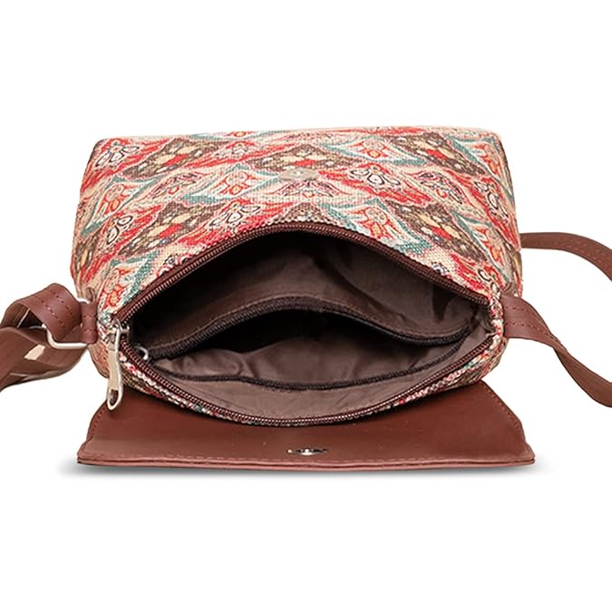 Zouk Premium Jute & Vegan Leather Flap Sling Bag – Printed Motif Crossbody Utility Purse