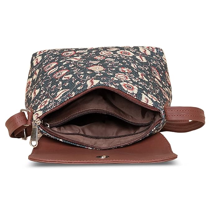 Zouk Premium Jute & Vegan Leather Flap Sling Bag – Printed Motif Crossbody Utility Purse