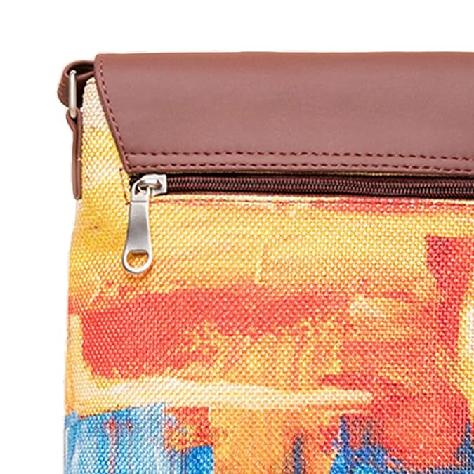 Zouk Premium Jute & Vegan Leather Flap Sling Bag – Printed Motif Crossbody Utility Purse