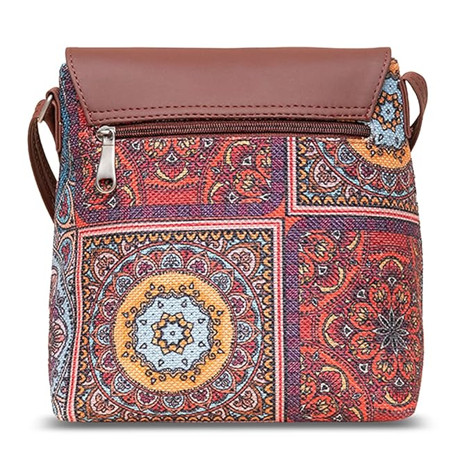 Zouk Premium Jute & Vegan Leather Flap Sling Bag – Printed Motif Crossbody Utility Purse