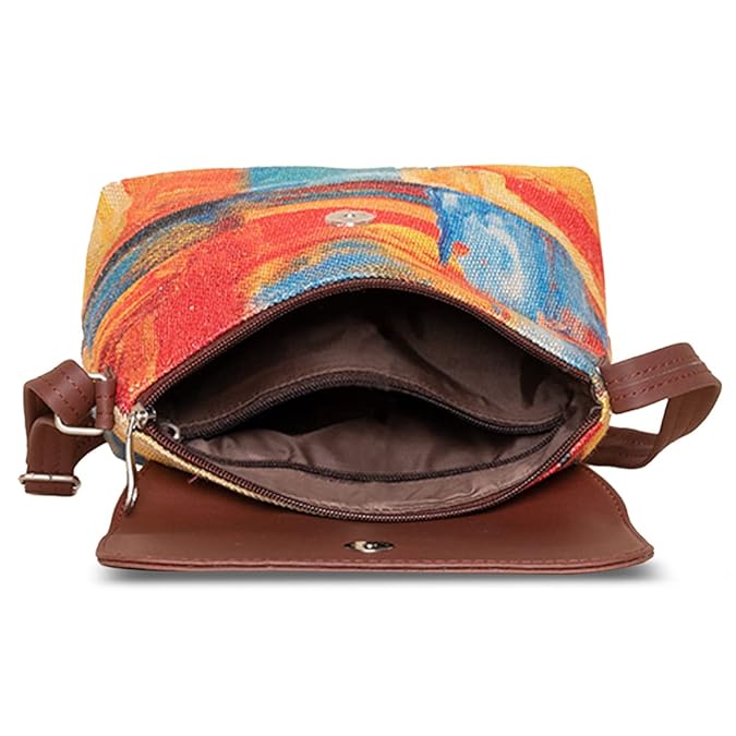 Zouk Premium Jute & Vegan Leather Flap Sling Bag – Printed Motif Crossbody Utility Purse