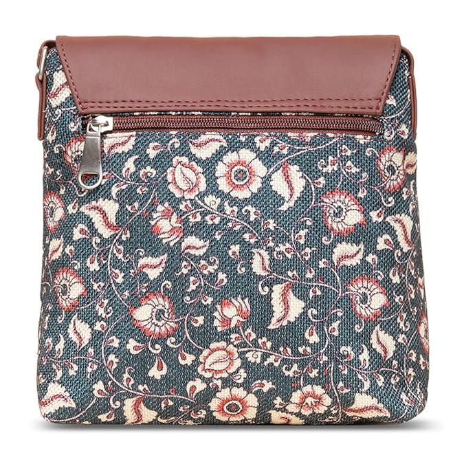 Zouk Premium Jute & Vegan Leather Flap Sling Bag – Printed Motif Crossbody Utility Purse