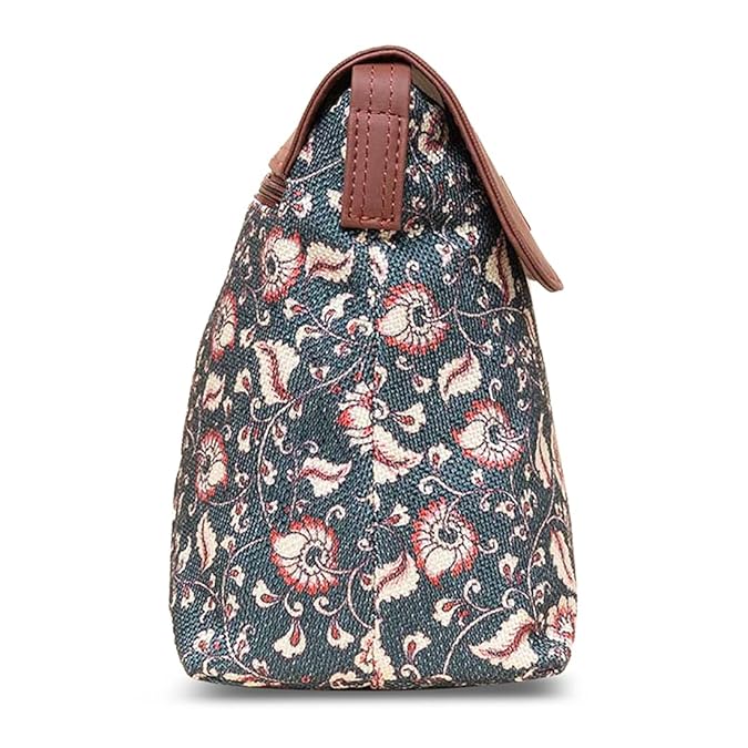 Zouk Premium Jute & Vegan Leather Flap Sling Bag – Printed Motif Crossbody Utility Purse