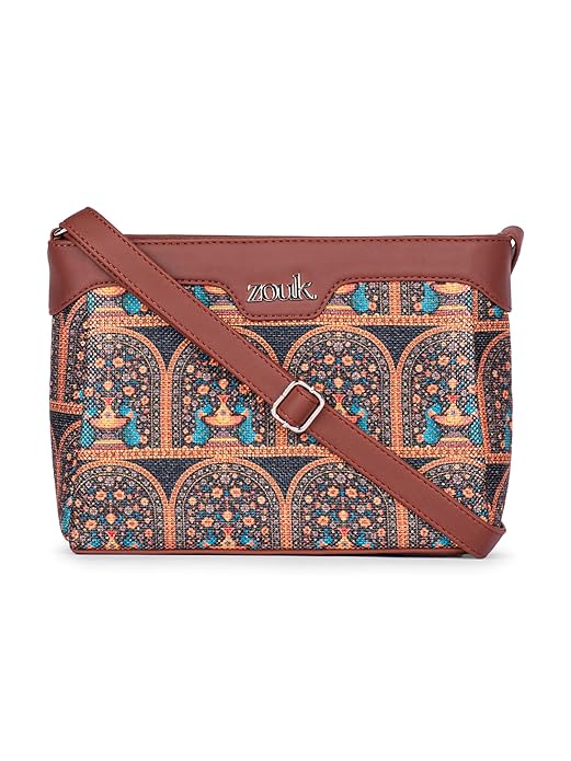 Zouk Premium Jute & Vegan Leather Sling Bag – Printed Motif Crossbody Utility Purse