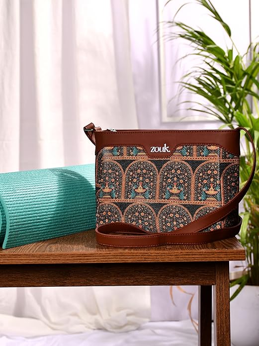 Zouk Premium Jute & Vegan Leather Sling Bag – Printed Motif Crossbody Utility Purse