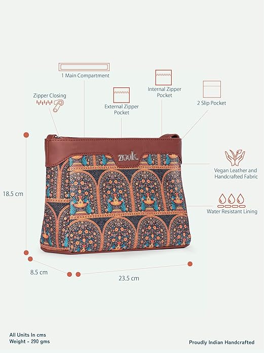 Zouk Premium Jute & Vegan Leather Sling Bag – Printed Motif Crossbody Utility Purse