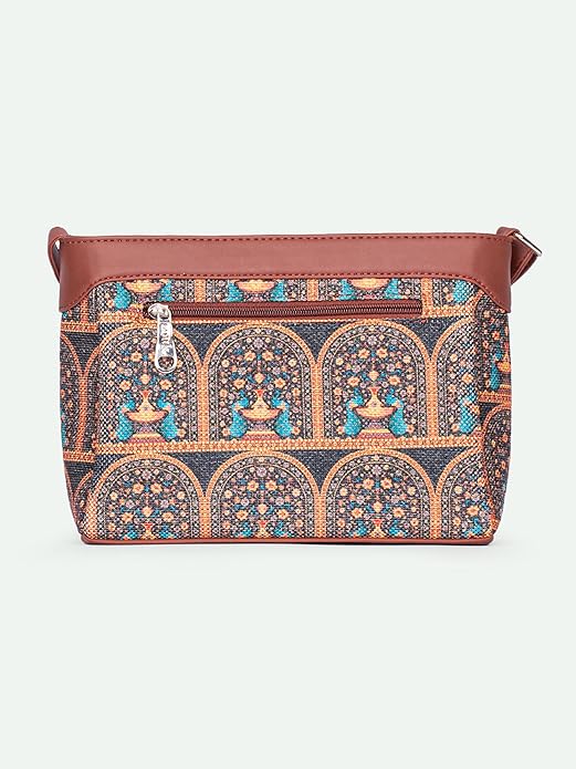 Zouk Premium Jute & Vegan Leather Sling Bag – Printed Motif Crossbody Utility Purse